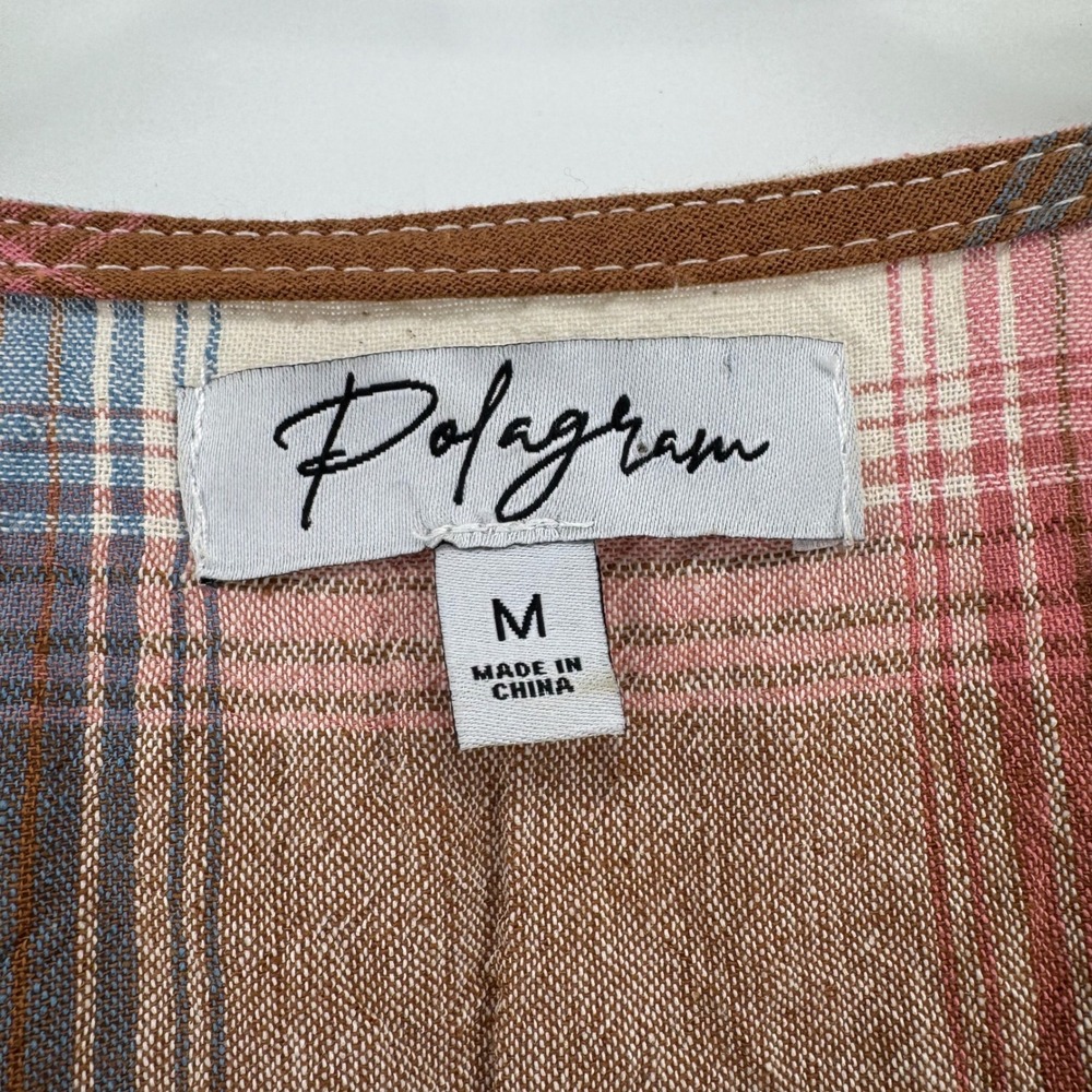 Polagram Plaid Dress Womens M Brown Pink Puff Sleeve Tiered Midi Square Neck - Picture 10 of 13
